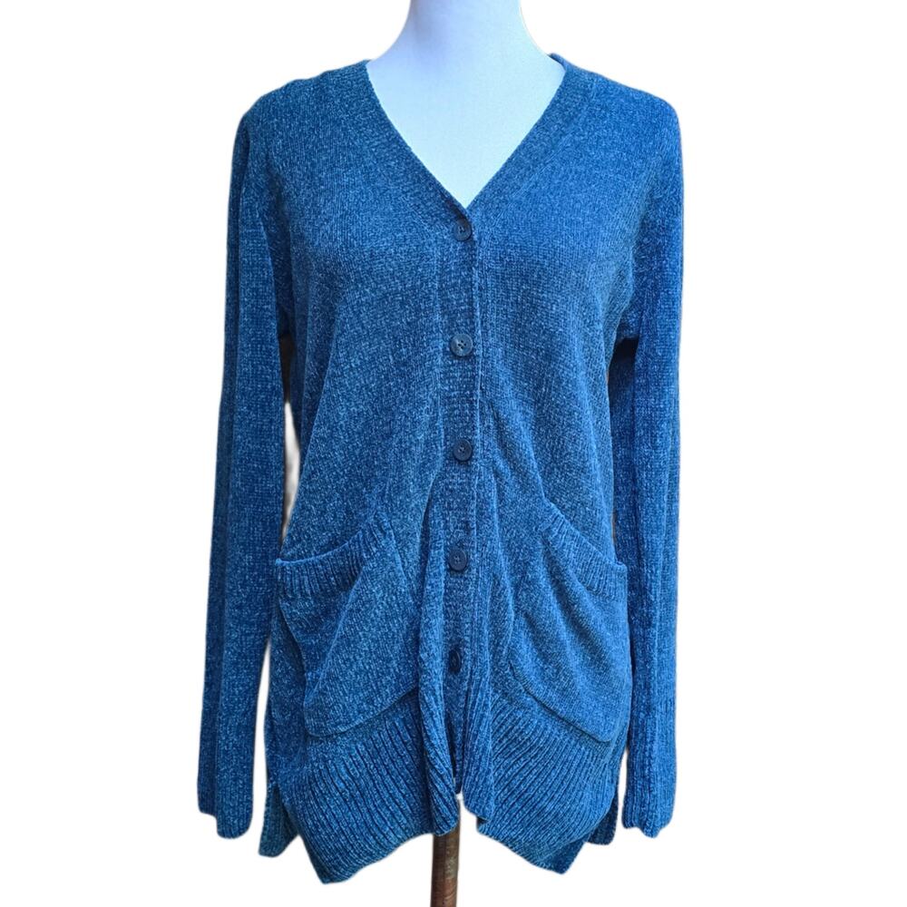 Isaac Mizrahi Live Teal Chenille V Neck Button Front Cardigan Sweater Pockets S